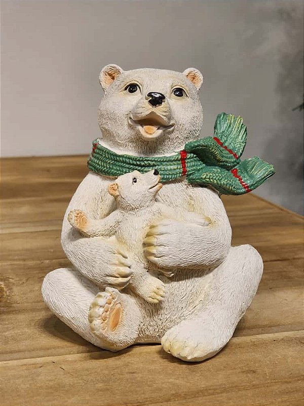 URSO COM FILHOTE EM RESINA NATALINO 15CM