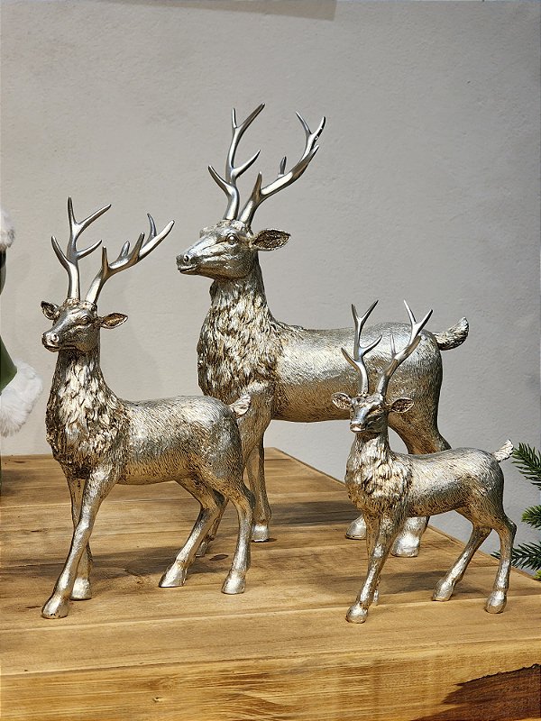 TRIO DE RENAS PRATA ENVELHECIDO 35CM,26CM E 20CM EM POLIRESINA