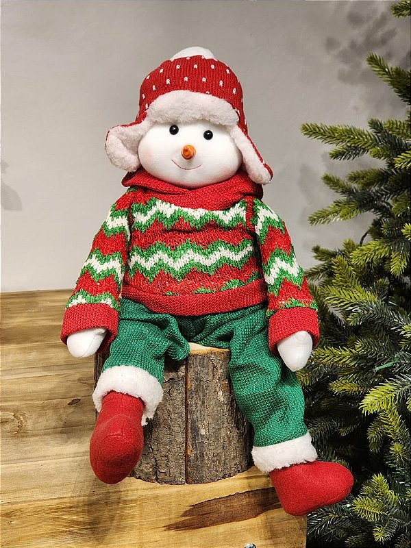 BONECO DE NEVE SENTADO VERMELHO E VERDE 65CM