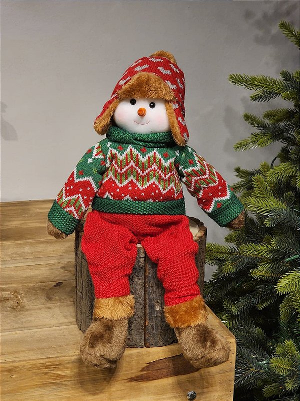 BONECO DE NEVE SENTADO VERMELHO E VERDE 55CM