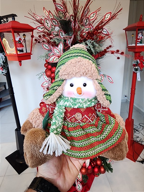 BONECO DE NEVE MENINA SENTADA VERMELHO E VERDE 26CM - PRÉ VENDA 2025