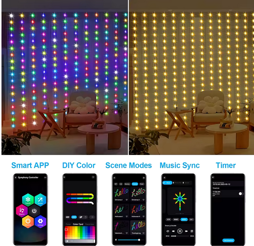 PISCA CASCATA 400 LEDS RGB 10 METROS 60CM CONTROLE POR APP NO CELULAR - PRÉ VENDA 2025