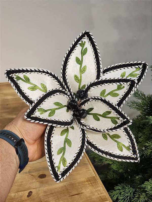 FLOR POINSETIA VERDE, BRANCO E PRETO 28CM