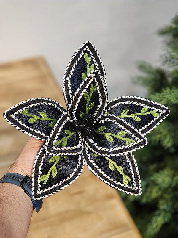 FLOR POINSETIA VERDE, BRANCO E PRETO 28CM
