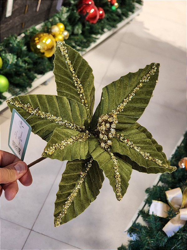 FLOR POINSETIA VERDE E DOURADO 30CM - PRÉ VENDA 2025