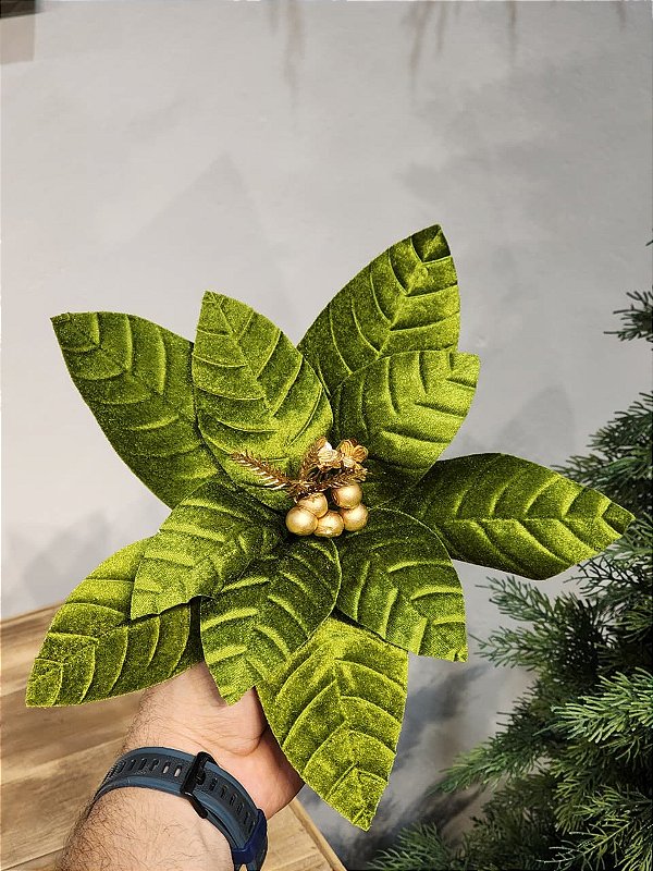 FLOR POINSETIA VERDE VELUDO 30CM