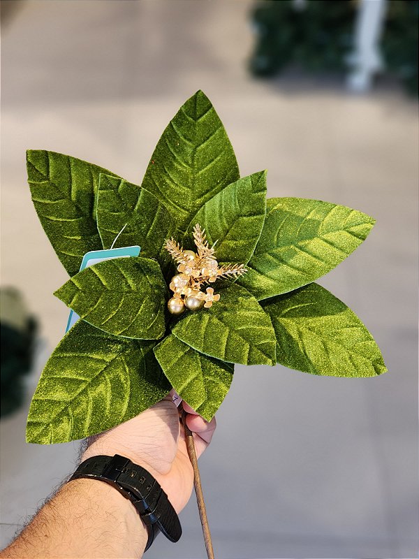 FLOR POINSETIA VERDE VELUDO 30CM - PRÉ VENDA 2025