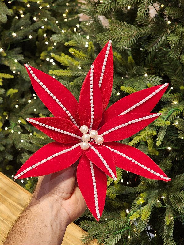 FLOR POINSETIA VERMELHO E BRANCO 30CM