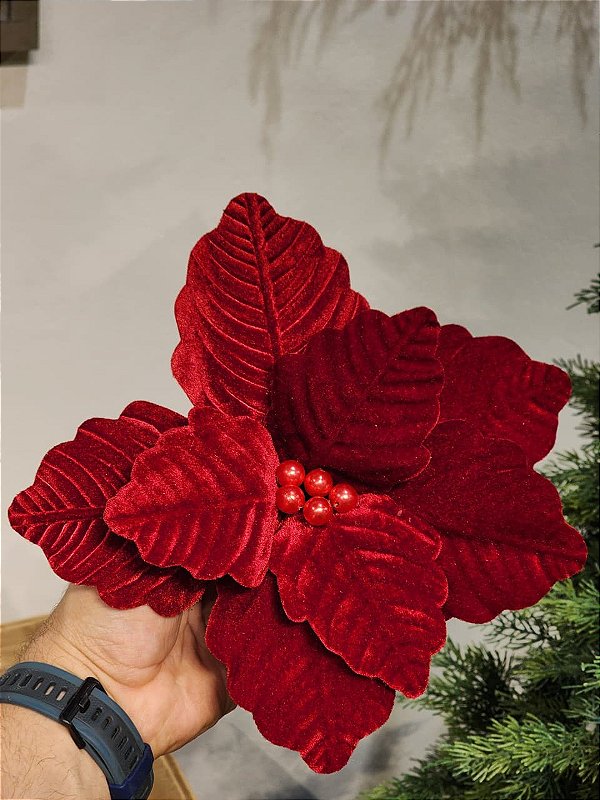 FLOR POINSETIA TRADICIONAL VERMELHA VELUDO 23CM