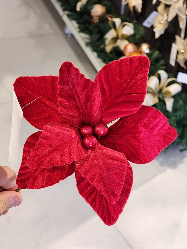 FLOR POINSETIA TRADICIONAL VERMELHA VELUDO 24CM - PRÉ VENDA 2025