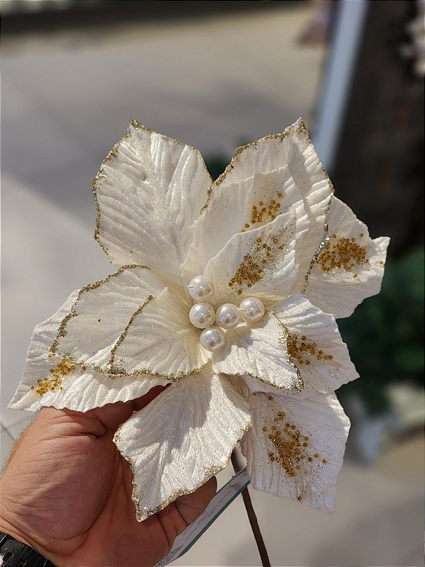 FLOR POINSETIA BRANCA E DOURADO VELUDO 25CM - PRÉ VENDA 2025