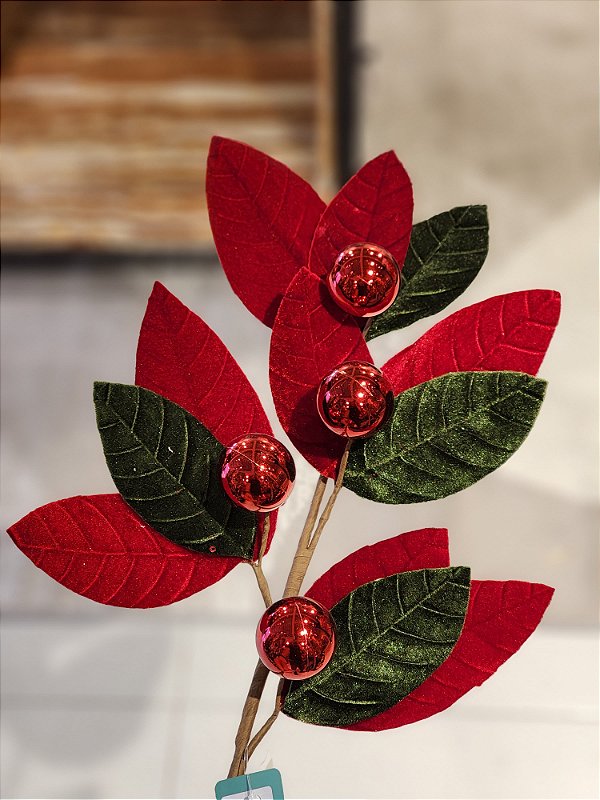 GALHO FOLHA COM BOLAS VERDE E VERMELHO 60CM - PRÉ VENDA 2025
