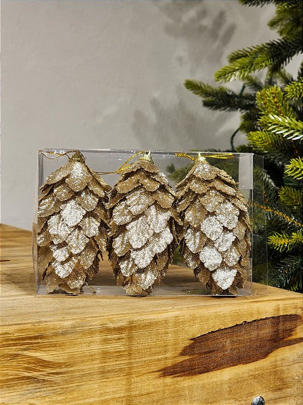 PENDENTE PINHA 3 UNIDADES 11CM CHAMPANHE