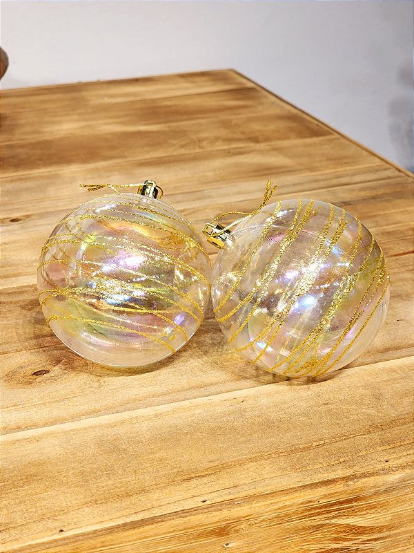BOLA DECORADA TRANSPARENTE COM DOURADO 10CM COM 2 UNIDADES