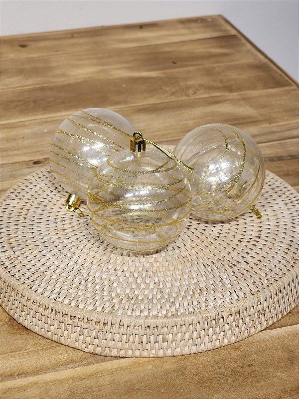 BOLA DECORADA TRANSPARENTE COM DOURADO 8CM COM 3 UNIDADES