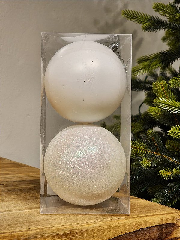 BOLA DECORADA BRANCA 12CM COM 2 UNIDADES