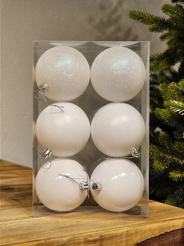 BOLA DECORADA BRANCA 8CM COM 6 UNIDADES