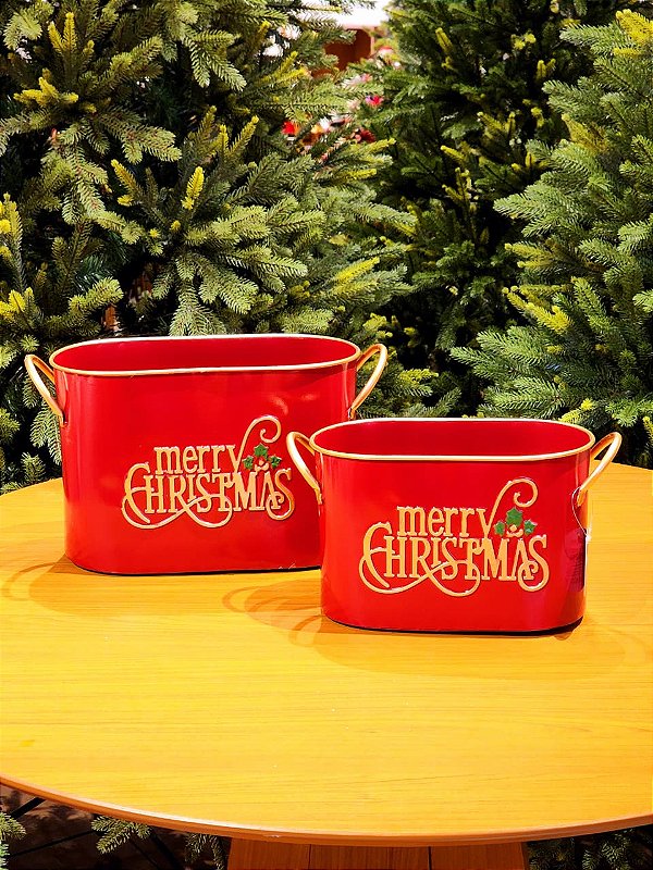 CACHEPOT MERRY CHRISTMAS VERMELHO E DOURADO COM 2 UNIDADES 22CM E 34CM
