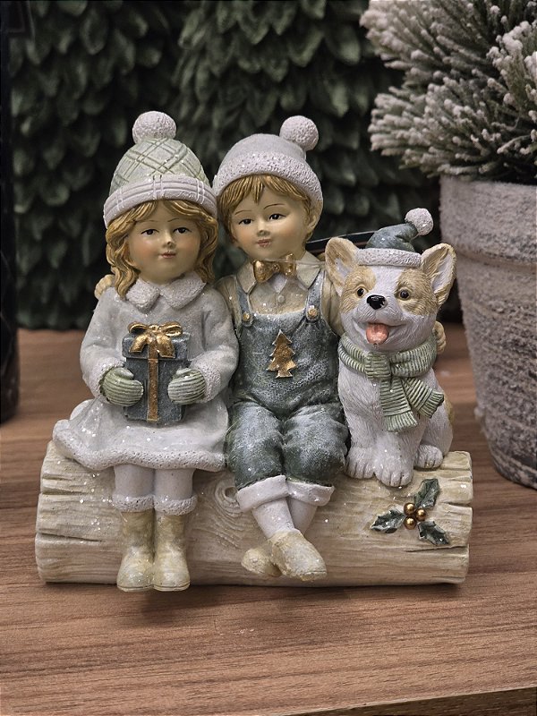 CRIANÇAS EM RESINA COM CACHORRO VERDE MENTA 11,5CM  - PRÉ VENDA 2025
