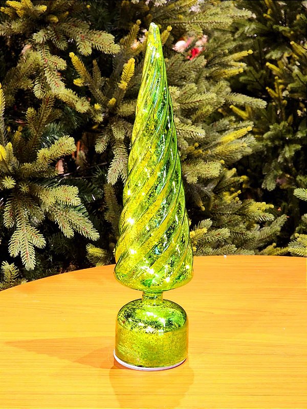 ÁRVORE DE VIDRO VERDE GIRATÓRIA COM LED 40CM