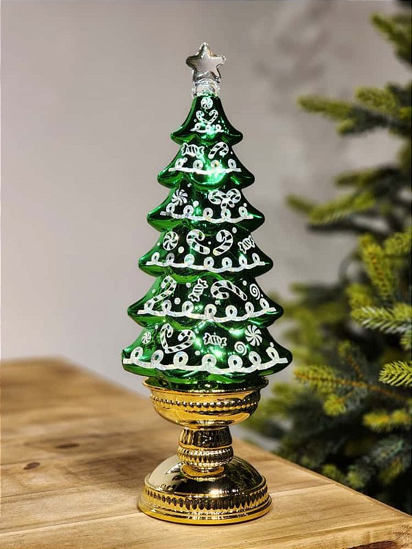 ÁRVORE EM ACRÍLICO VERDE E DOURADA COM LED 35,5CM