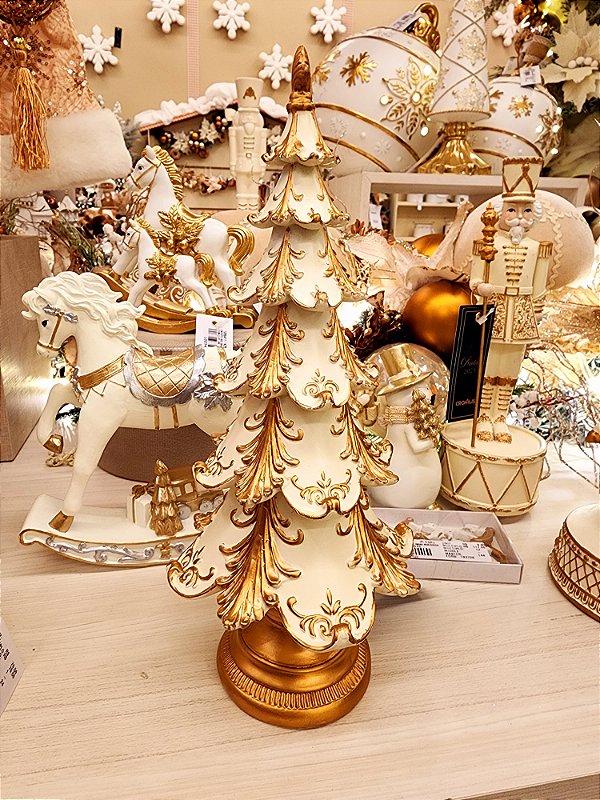 ÁRVORE DECORATIVA EM RESINA BRANCO E OURO 30CM - PRÉ VENDA 2025