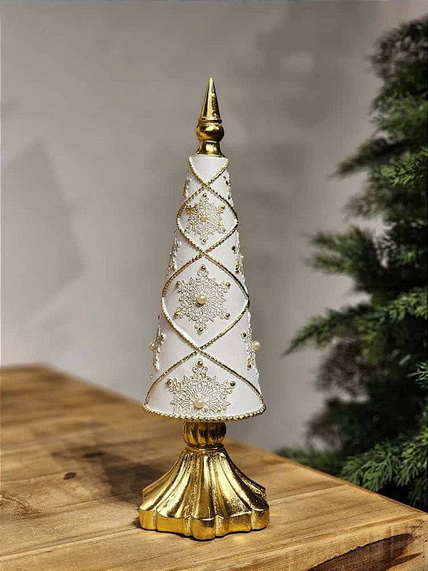 ÁRVORE DECORATIVA EM RESINA BRANCO E OURO 38CM