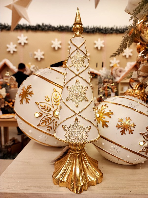 ÁRVORE DECORATIVA EM RESINA BRANCO E OURO 38CM - PRÉ VENDA 2025