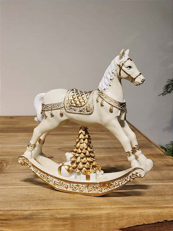 CAVALO DE BALANÇO DECORATIVO EM RESINA BRANCO E OURO 18CM
