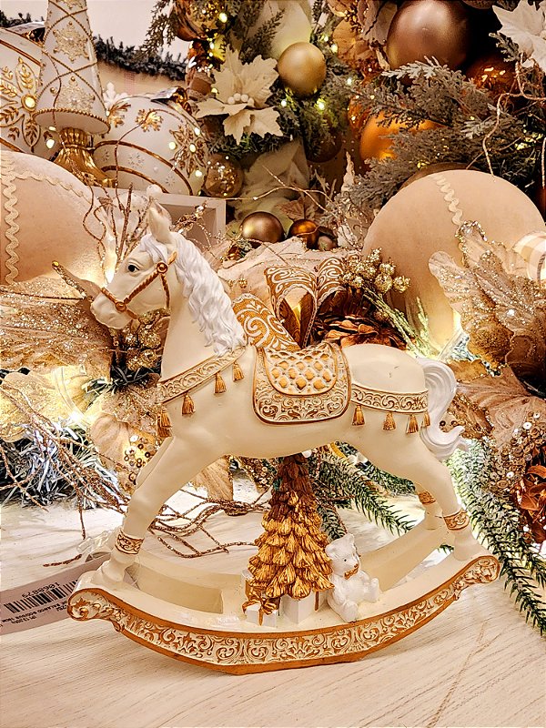 CAVALO DE BALANÇO DECORATIVO EM RESINA BRANCO E OURO 18CM - PRÉ VENDA 2025