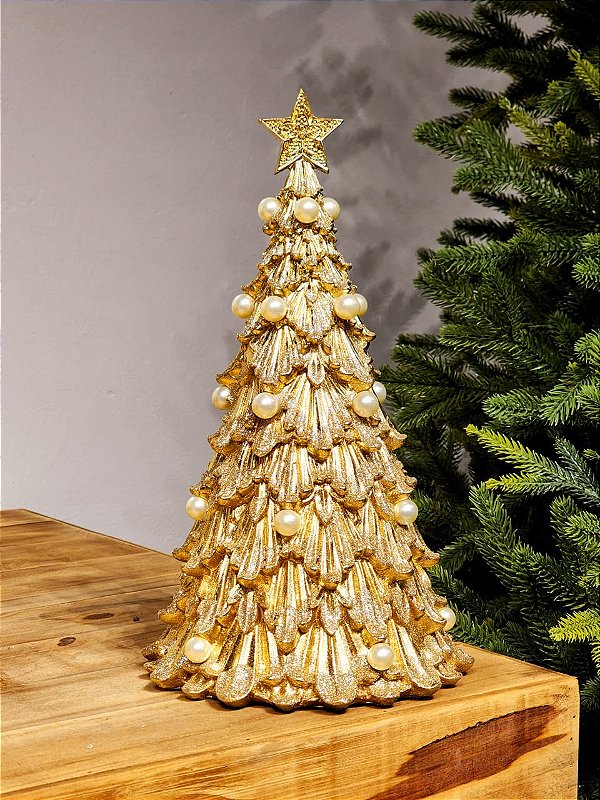 ÁRVORE DECORATIVA EM RESINA DOURADA COM PEROLA 35,5CM