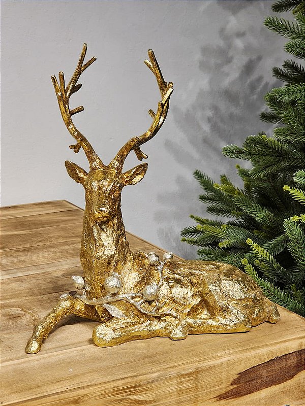 RENA EM RESINA DEITADA OURO RÚSTICO 34,5CM