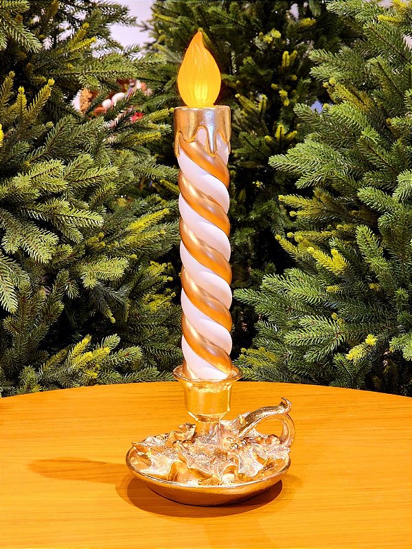VELA DECORATIVA COM LED LISTRAS OURO E BRANCO 44,9CM