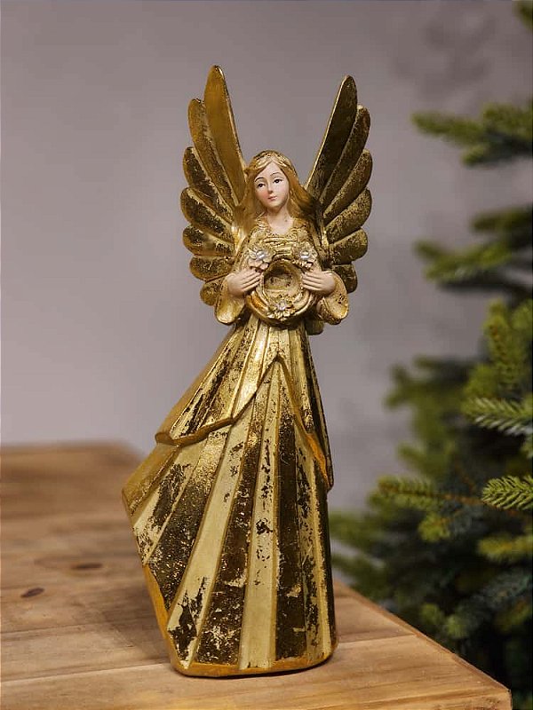 ANJO SEGURANDO GUIRLANDA COM LED OURO 35,5CM