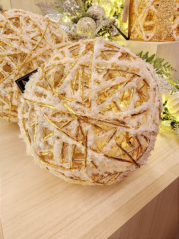 BOLA ARAMADA RATTAN BRANCO E CRÚ 25CM