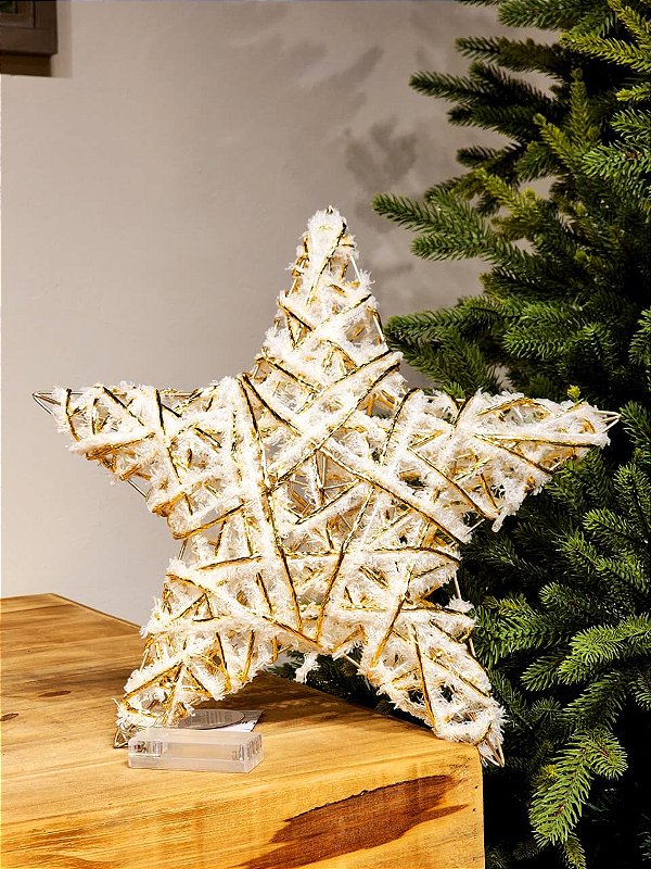 ESTRELA ARAMADA RATTAN BRANCO E OURO COM LED 40CM