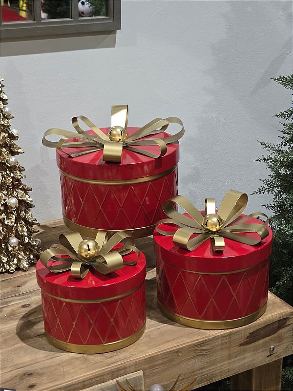 TRIO DE PRESENTES EM METAL COM TAMPA VERMELHO E DOURADO COM 3 UNIDADES