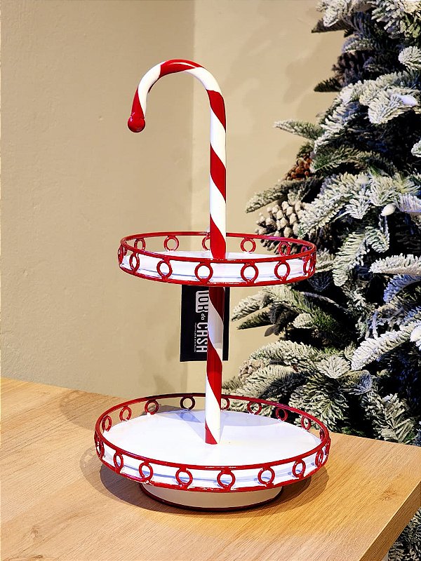 BANDEJA EM FORMATO DE CANDY CANNE VERMELHO E BRANCO 40CM