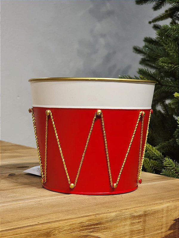 VASO TAMBOR EM METAL DECORATIVO VERMELHO E BRANCO 18CM
