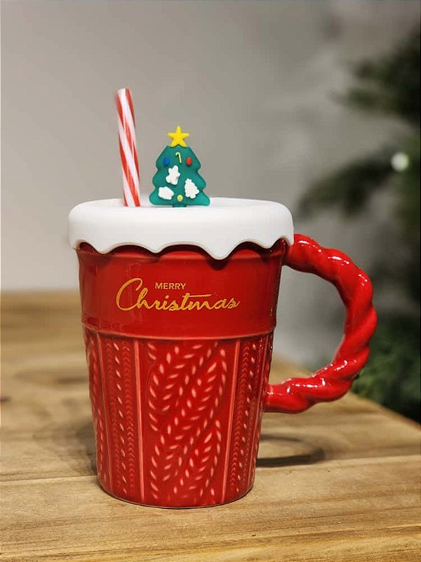 CANECA COM TAMPA E CANUDO VERMELHA