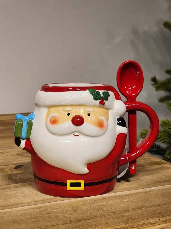 CANECA NOEL COM COLHER VERMELHO E BRANCO 13CM