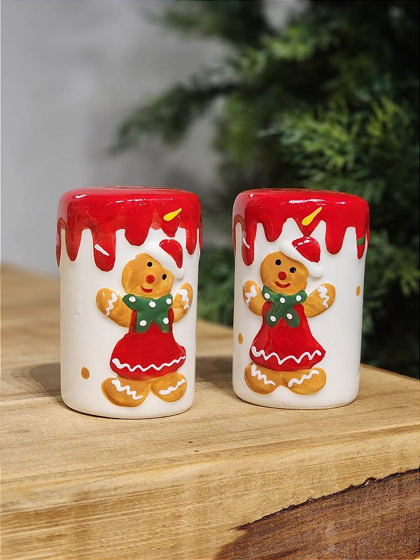 PORTA SAL E PIMENTA DECORATIVO GINGERBREAD 8CM KIT COM 2 UNIDADES