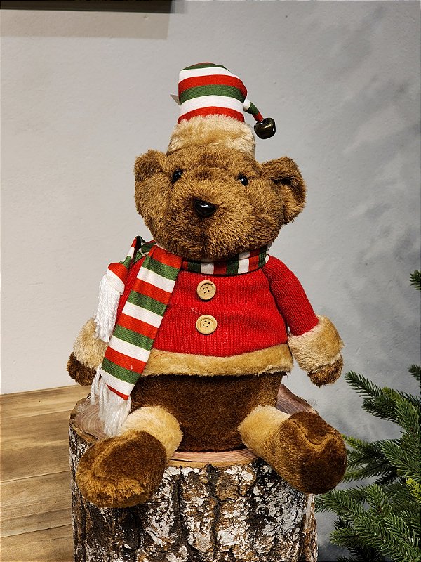 URSO SENTADO COM TOUCA VERMELHO E VERDE 30CM