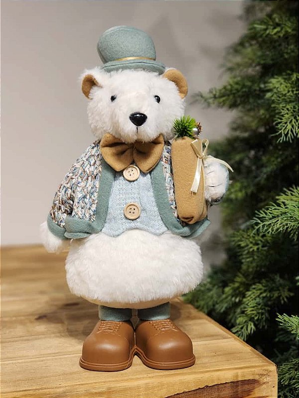URSO BRANCO EM PÉ AZUL E VERDE 38CM