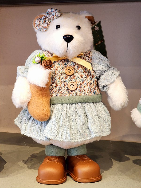 URSA BRANCA EM PÉ AZUL E VERDE 38CM - PRÉ VENDA 2025