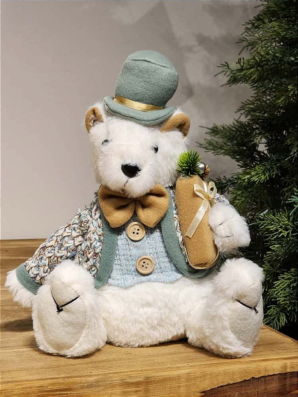 URSO BRANCO SENTADO AZUL E VERDE 31CM