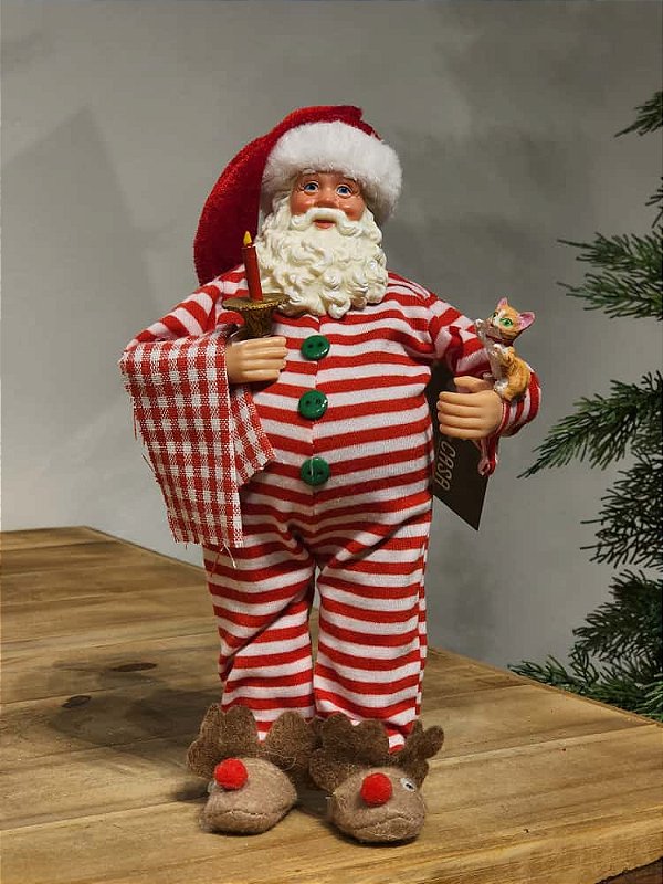 PAPAI NOEL COLECIONÁVEL DE PIJAMA COM CASTIÇAL E GATINHO 28CM