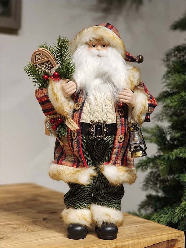 PAPAI NOEL EM PÉ XADREZ COM LANTERNA E RAQUETE DE NEVE 45CM