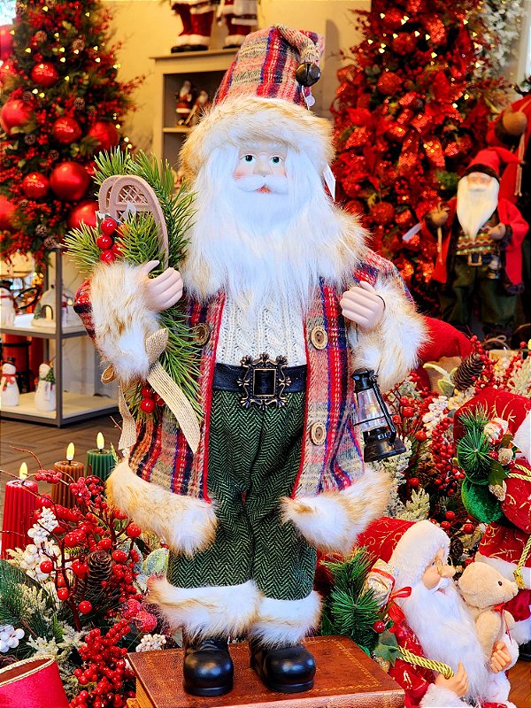PAPAI NOEL EM PÉ XADREZ COM LANTERNA E RAQUETE DE NEVE 45CM - PRÉ VENDA 2025