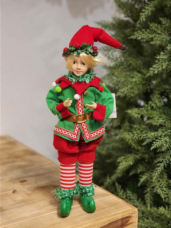 BONECO ELFO EM PÉ VERDE E VERMELHO 47CM